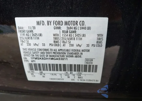 2021 Ford Explorer Xlt из США, поврежденный, VIN 1FMSK8DH1MGA53011